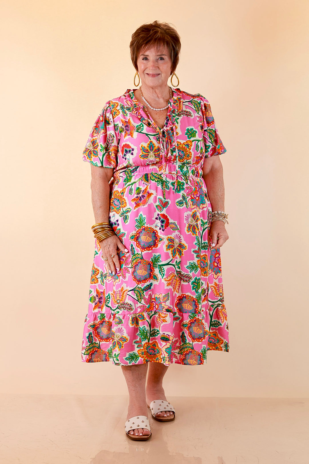 Color Me Happy Floral Print Midi Dress with Tie Neckline and Puff Sleeves in Pink