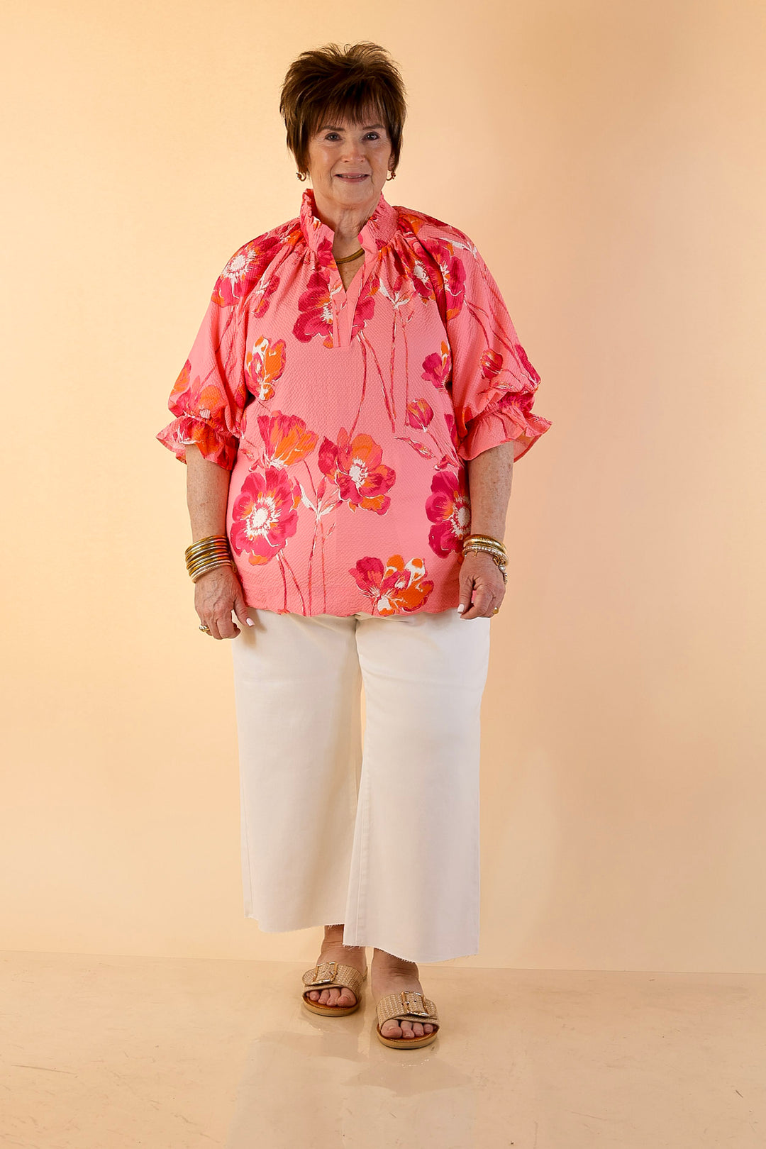 Petal Perfect Floral Print Textured Puff Sleeve Top with Ruffle Split Neckline in Pink Mix