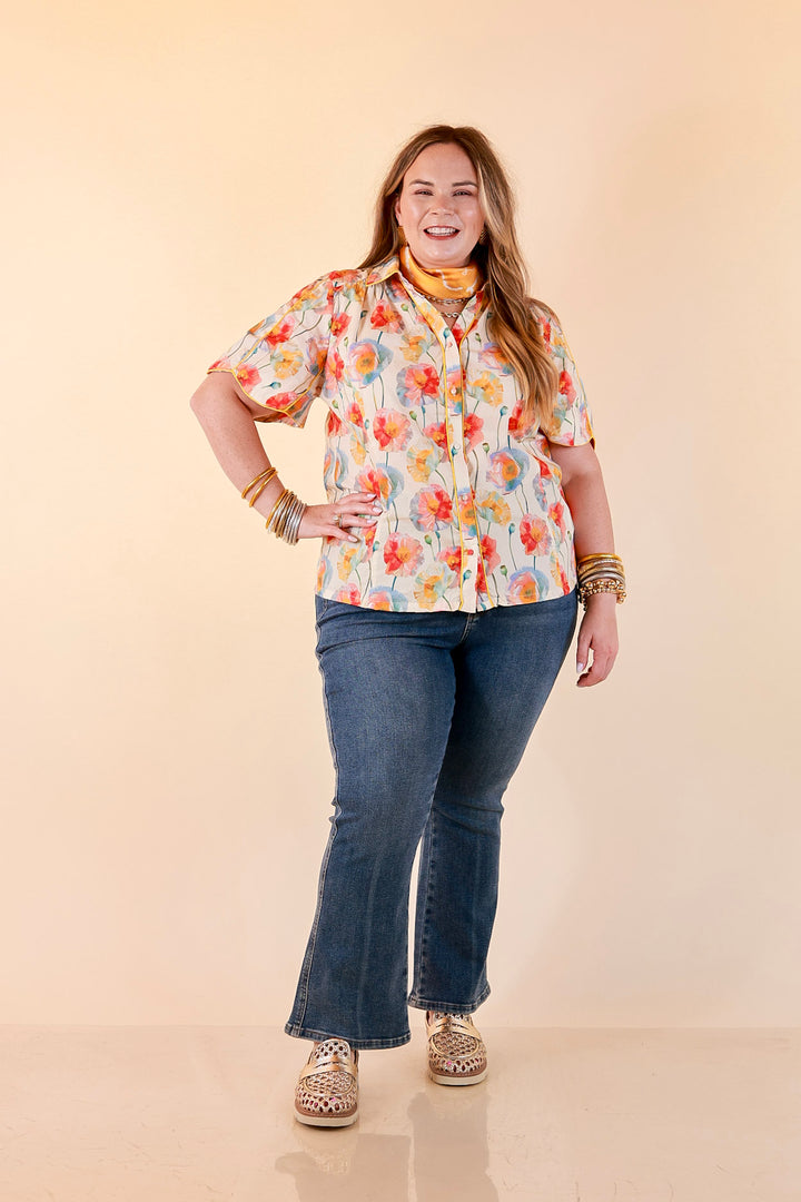 Petals and Plans Poppy Floral Print Button Up Collar Blouse in Cream