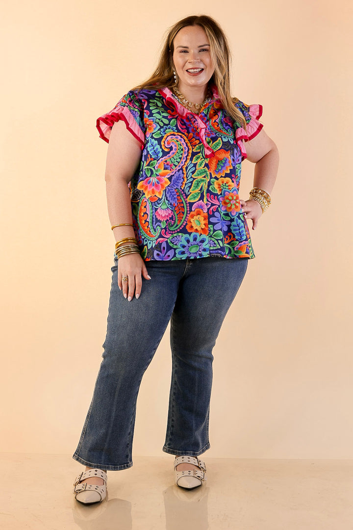 Flourish and Flow Paisley Floral Print Ruffle Flutter Sleeve Top with Split Neckline in Navy Blue