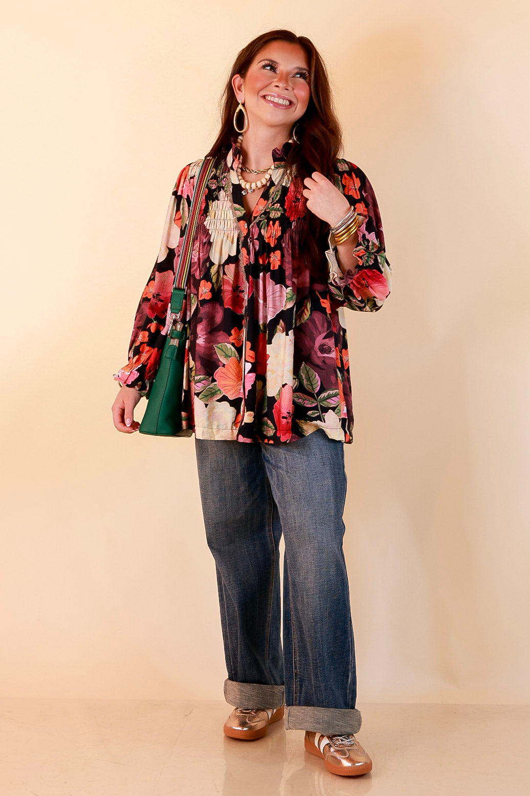 Pick of the Bunch Smocked Shoulder Button Front Floral Print Blouse in Black Multi