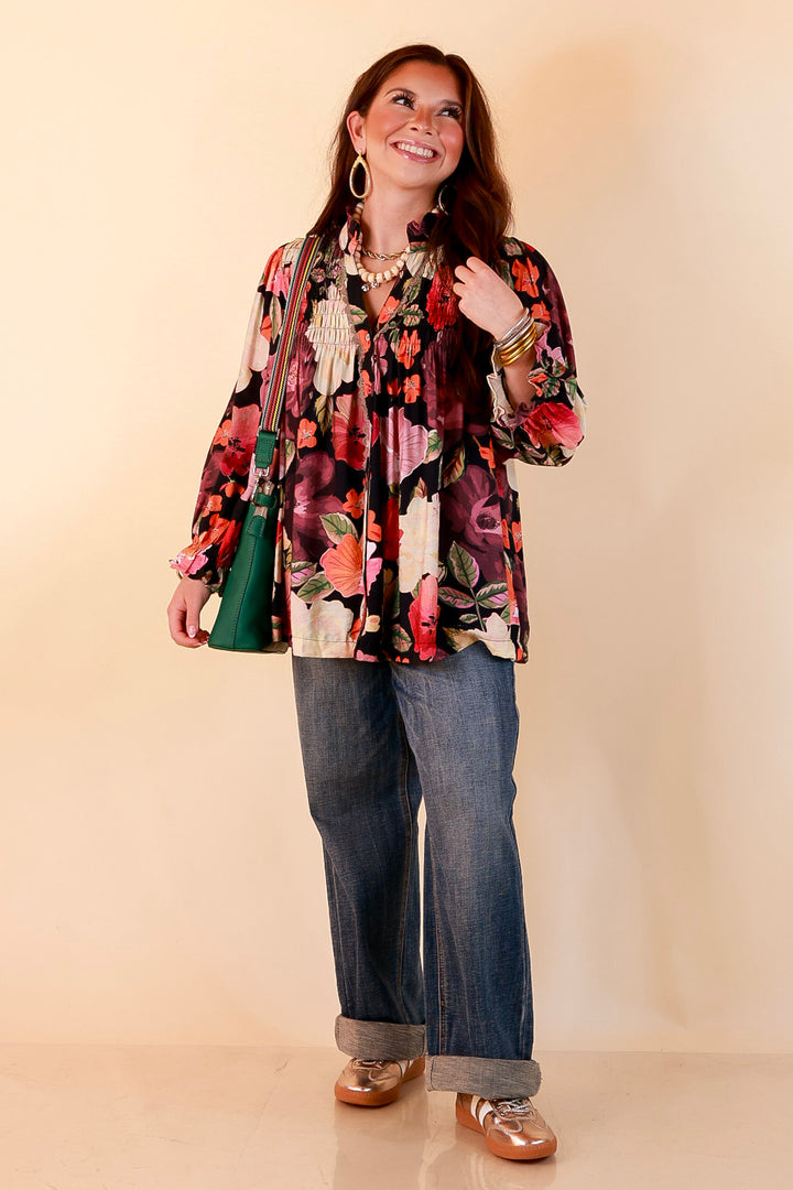 Pick of the Bunch Smocked Shoulder Button Front Floral Print Blouse in Black Multi