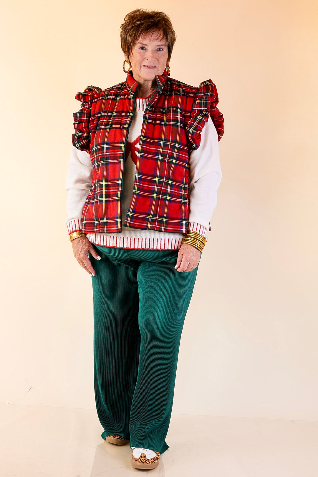 Mud Pie | Jefferies Quilted Plaid Reversible Vest with Ruffle Cap Sleeves and Bow Side Closure in Red