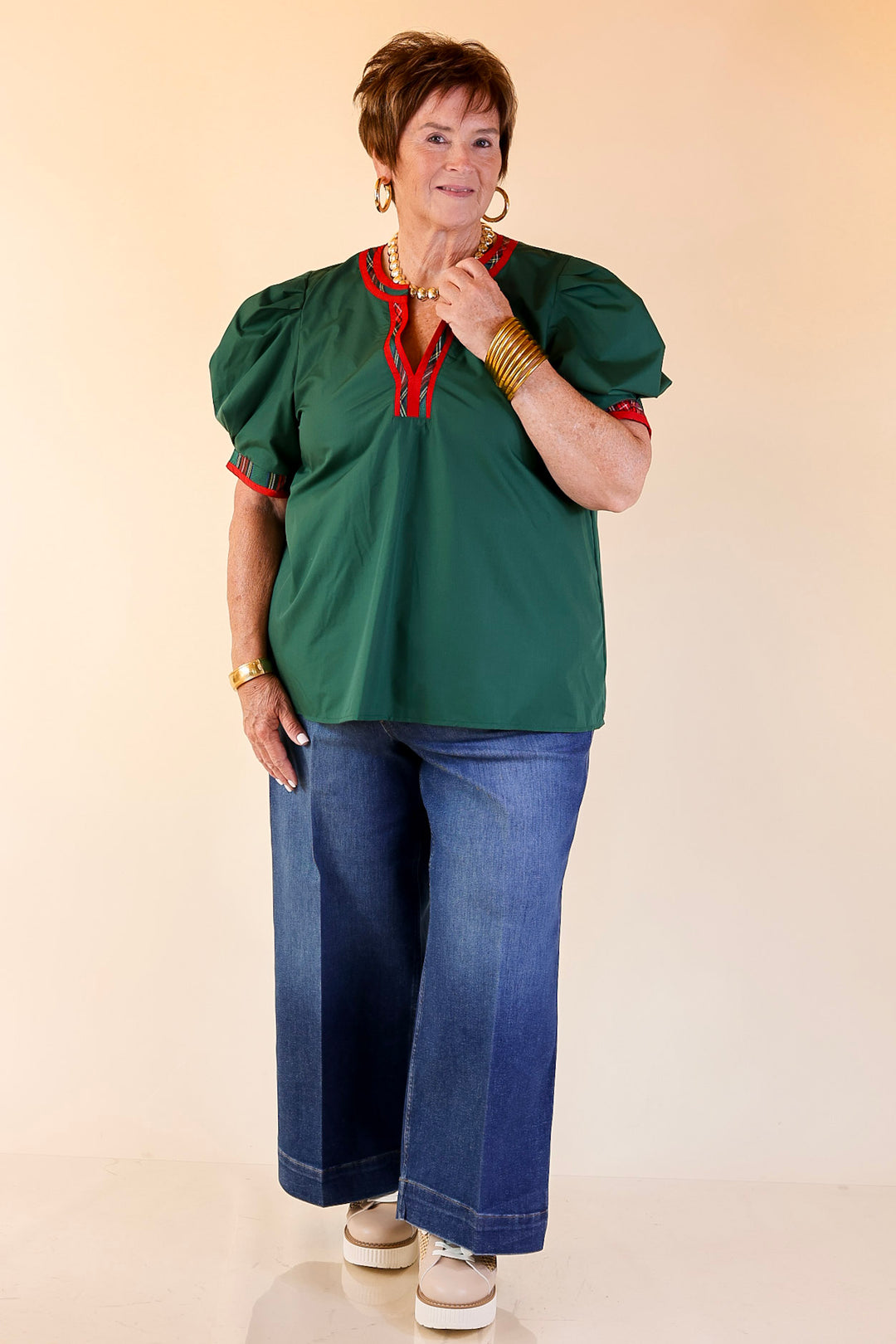 Commanding Style V Neck Top with Short Balloon Sleeves and Plaid Trim in Hunter Green