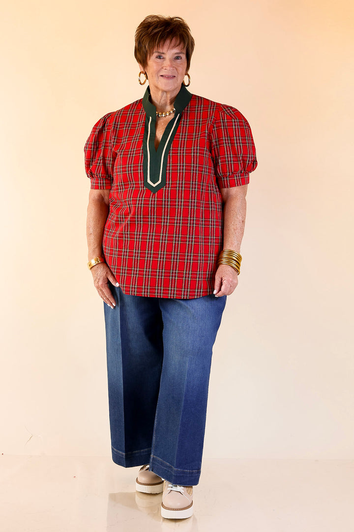 Chic Statement V Neck Plaid Top with Short Balloon Sleeves and Green Trim in Red