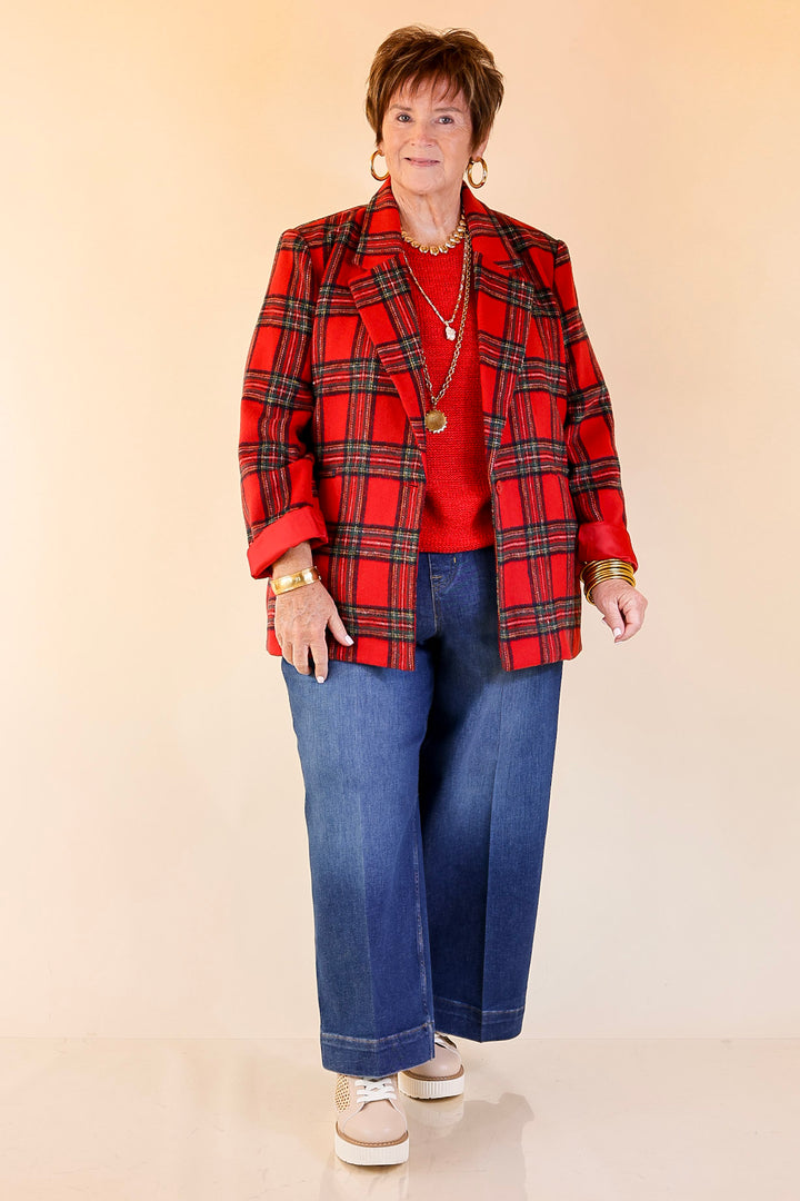 Season to Shine Long Sleeve Tartan Plaid Blazer in Red