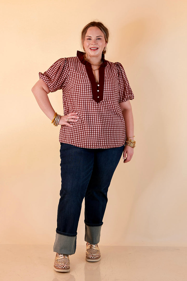 Check the Agenda Contrast V-Neck Button Detail Gingham Puff Sleeve Top in Maroon and Ivory