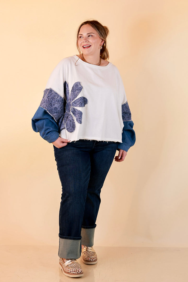 Blooming Details Oversized Floral Appliqué Contrast Sleeve Raw Hem Top in Ivory and Denim Blue