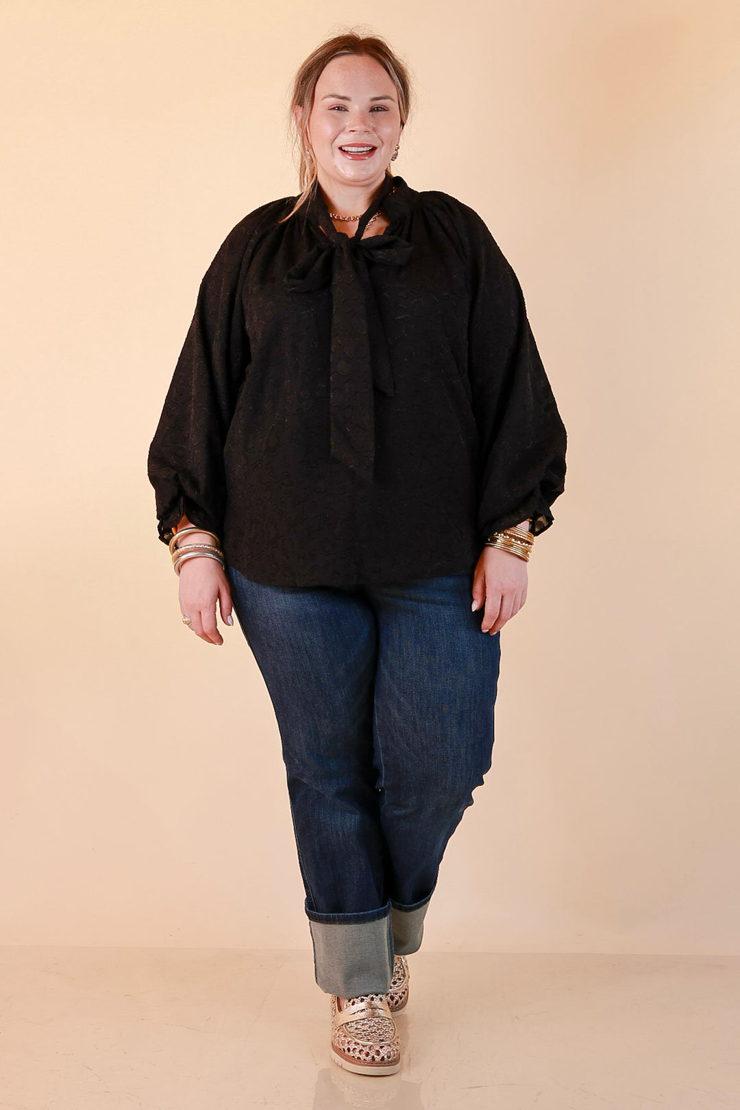 Commanding Attention Tie Neck Velvet Animal Print Balloon Sleeve Blouse in Black