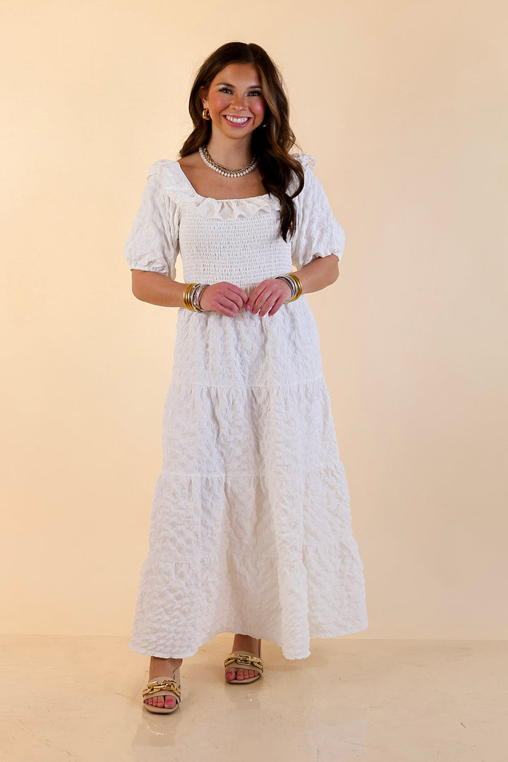 Simply Southern | Radiant Moment Textured Smocked Bodice Tiered Maxi Dress with Puff Sleeves in White