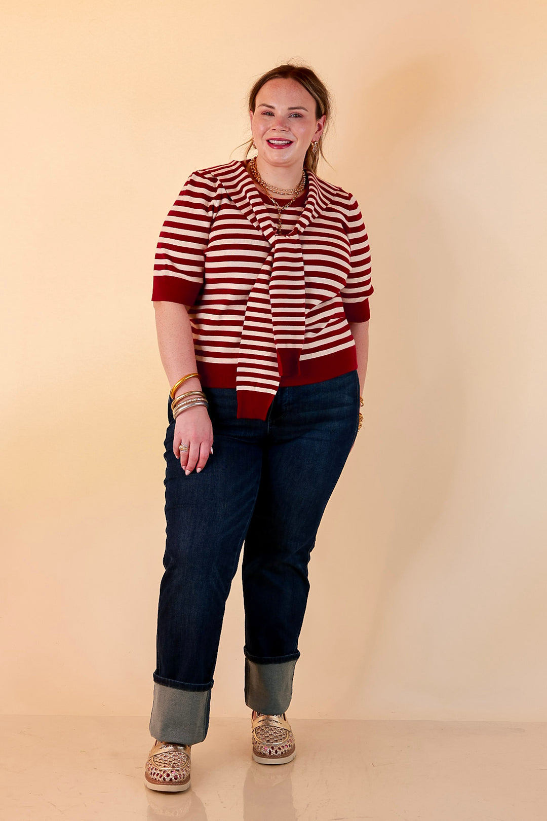 Leading Lady Faux Sweater Tie Detail Short Sleeve Striped Knit Top in Burgundy and Ivory