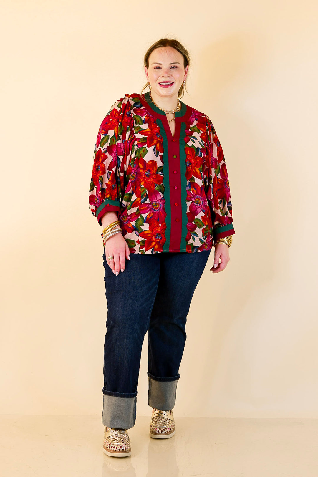 Color Me Confident Floral Print Button Front Contrast Trim Top in Ivory, Plum and Emerald Green