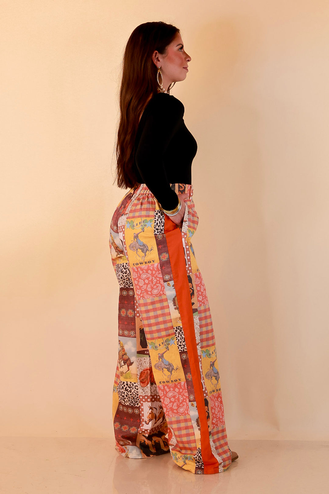 Western State of Mind Wide Leg Patchwork Cowboy Print Pants in Multicolor