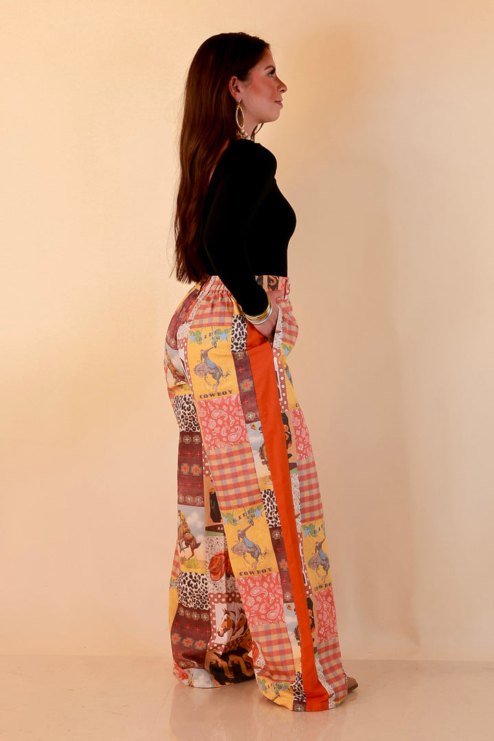 Western State of Mind Wide Leg Patchwork Cowboy Print Pants in Multicolor