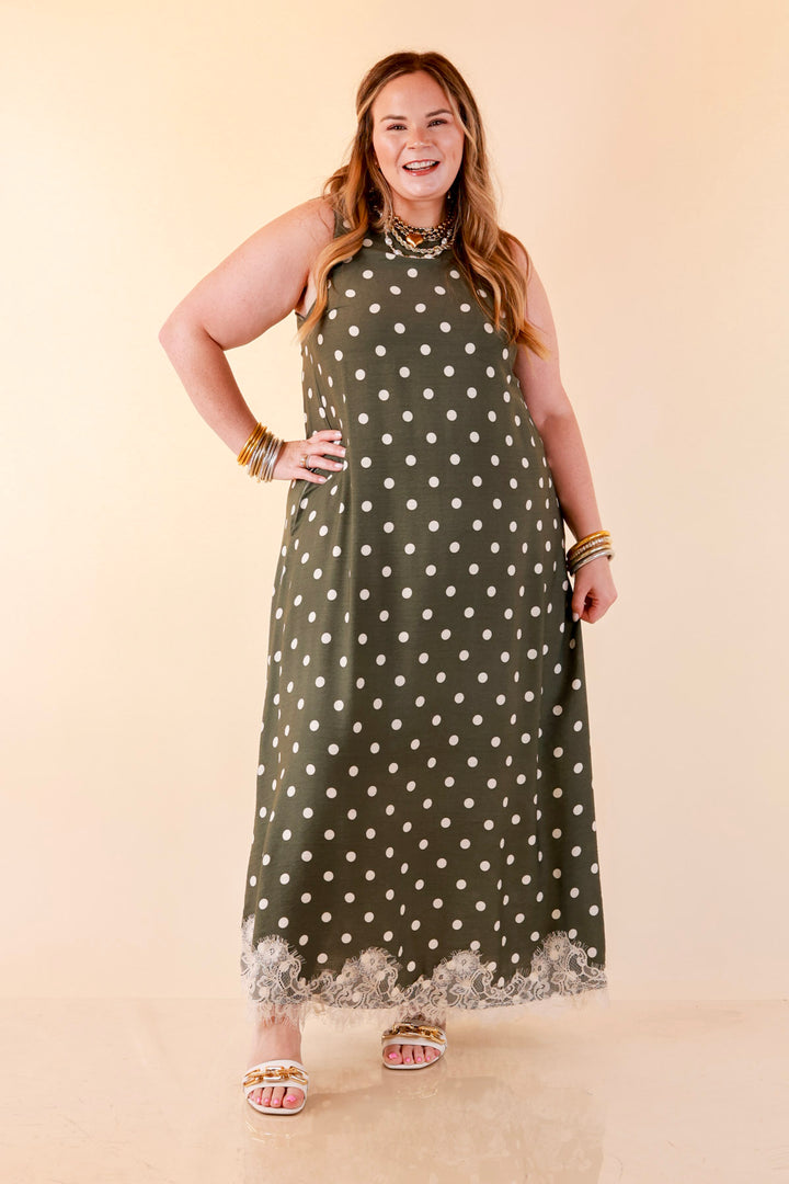 Sweet Little Something Polka Dot Sleeveless Maxi Dress with Lace Trim in Olive Green