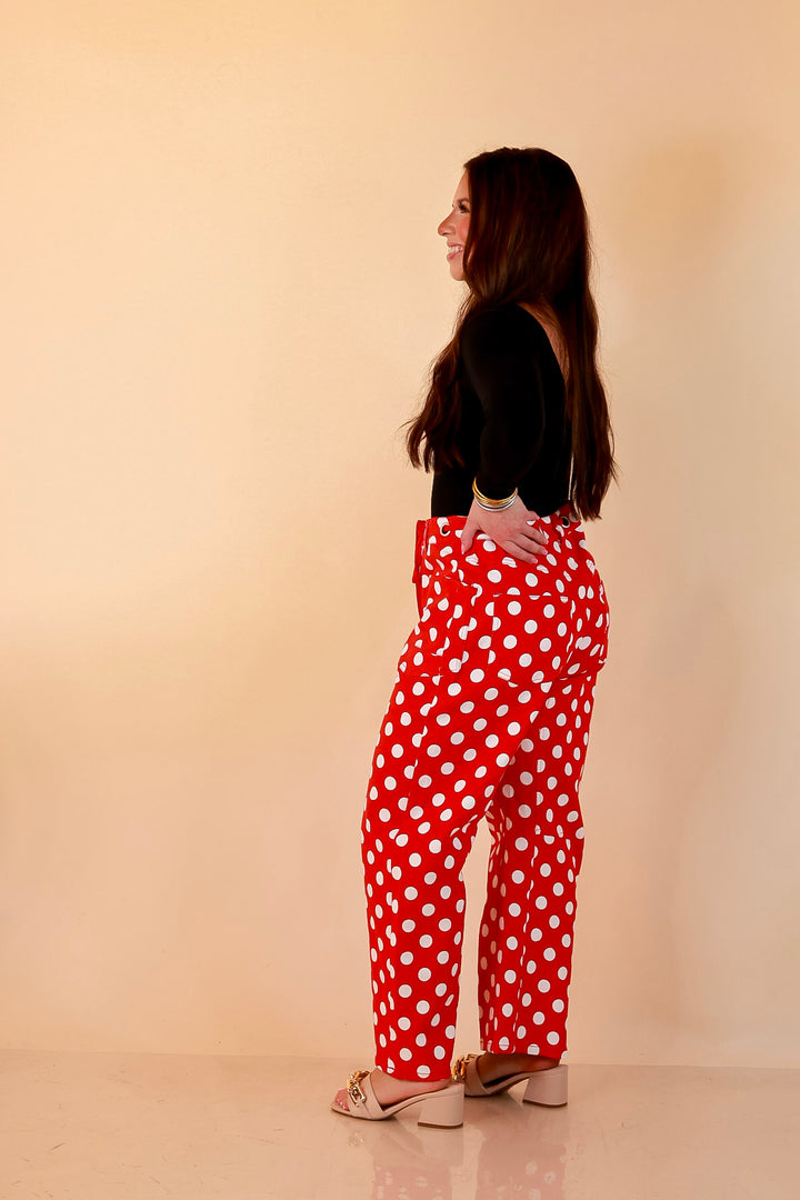 Just My Type Polka Dot Wide Leg Barrel Jeans with Drawstring Waist and Pockets in Red and White