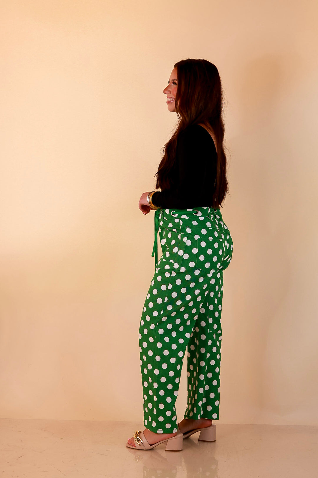 Just My Type Polka Dot Wide Leg Barrel Jeans with Drawstring Waist and Pockets in Green and White