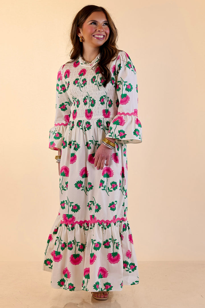 Mud Pie | Petal Parade Smocked Floral Print Tiered Midi Dress with Scallop Trim in Cream Multi