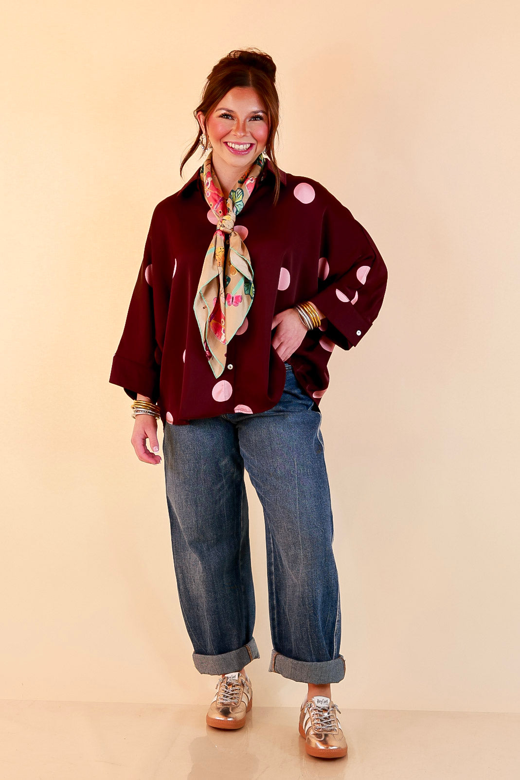 Two of a Kind Oversized Long Sleeve Button Down Blush Pink Polka Dot Blouse in Maroon