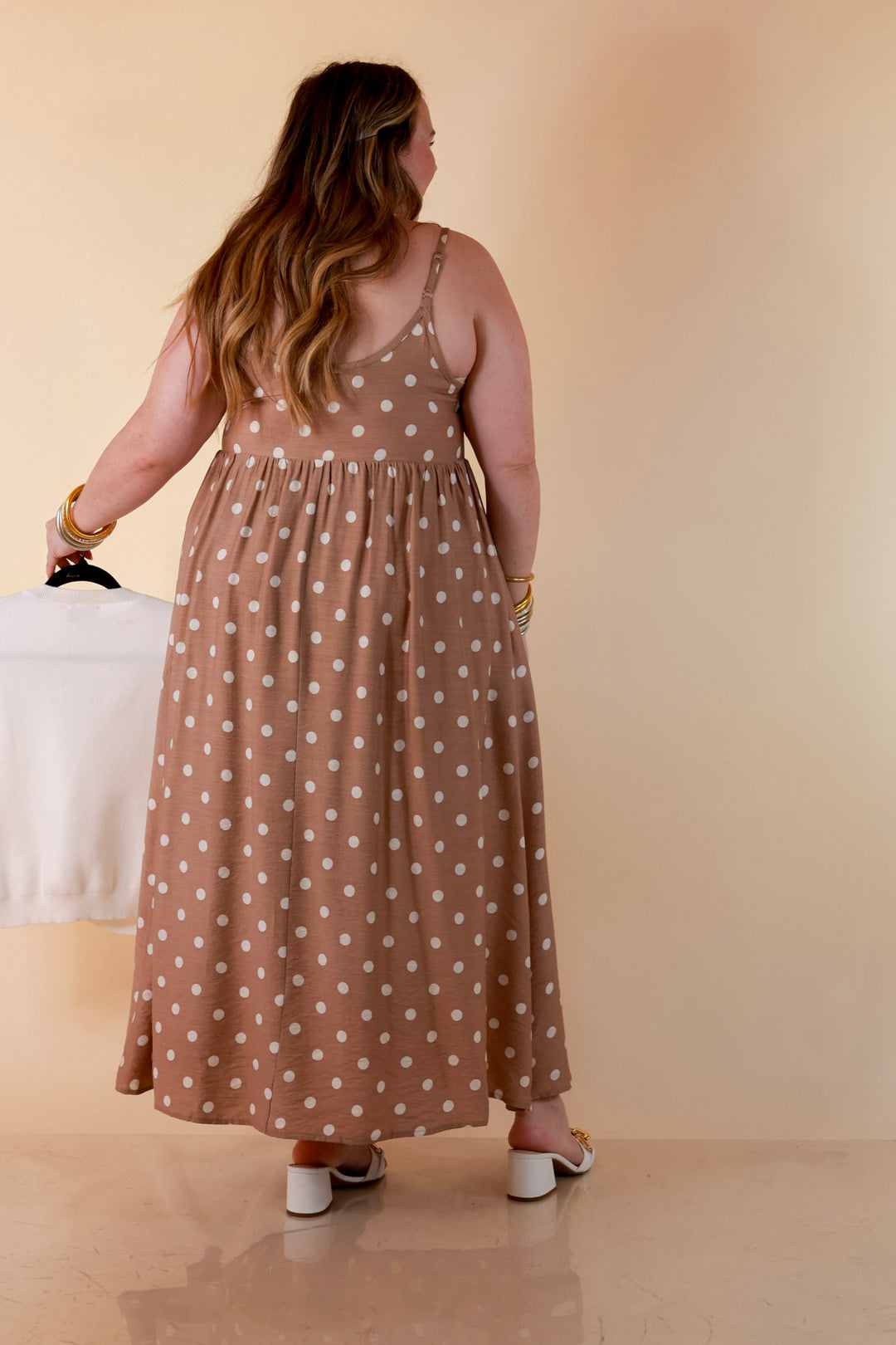 Two Ways to Charm Polka Dot Spaghetti Strap Dress Set with Detachable Ivory Top in Taupe