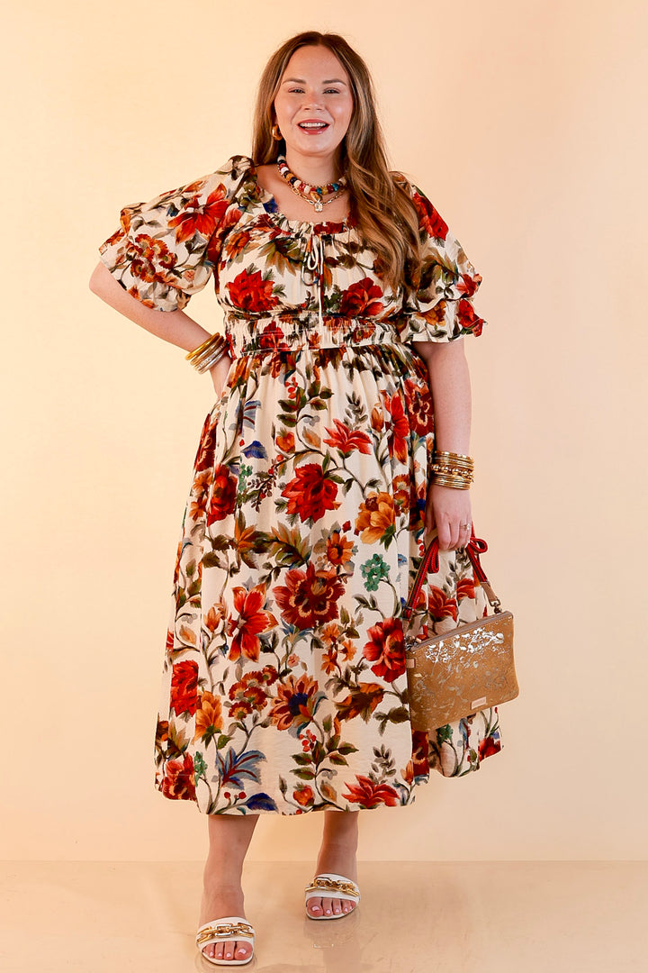 Autumn in the Air Puff Sleeve Smocked Waist Floral Print Tiered Midi Dress in Ivory Multi
