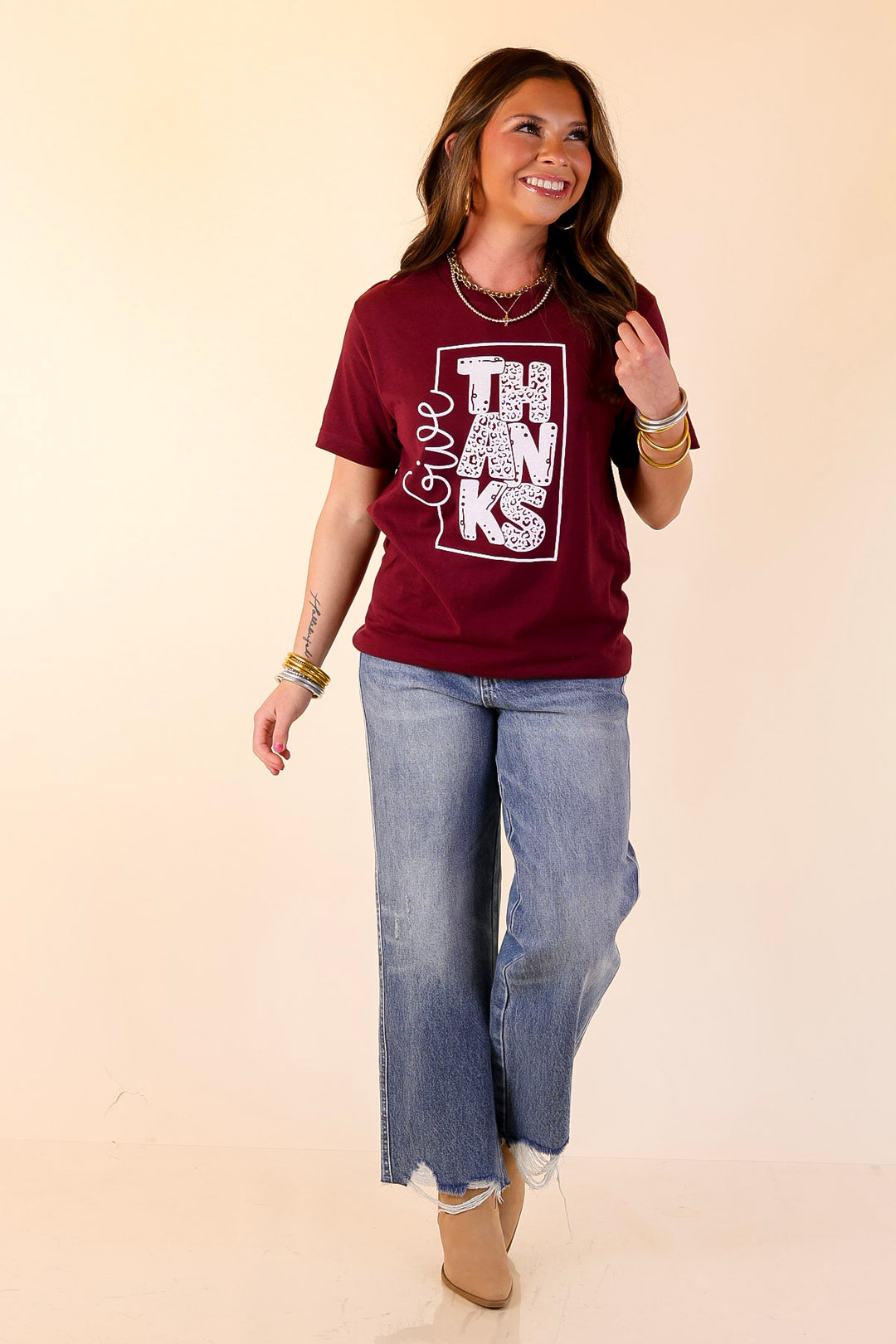Give Thanks Short Sleeve Leopard Print Graphic Tee in Maroon