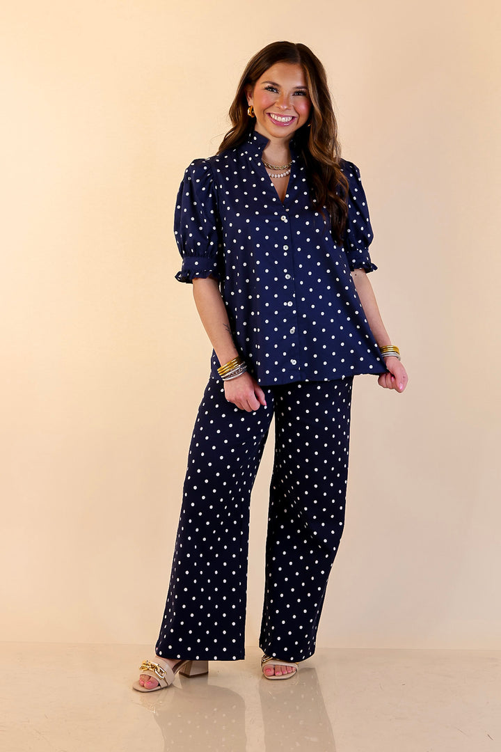 Poised and Polished Button Front Puff Sleeve Top with Polka Dot Print in Navy Blue and White