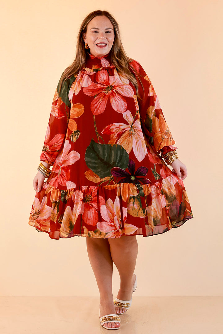 Autumn Romance Ruffle Neck Long Sleeve Floral Peplum Dress in Rust Red Multi
