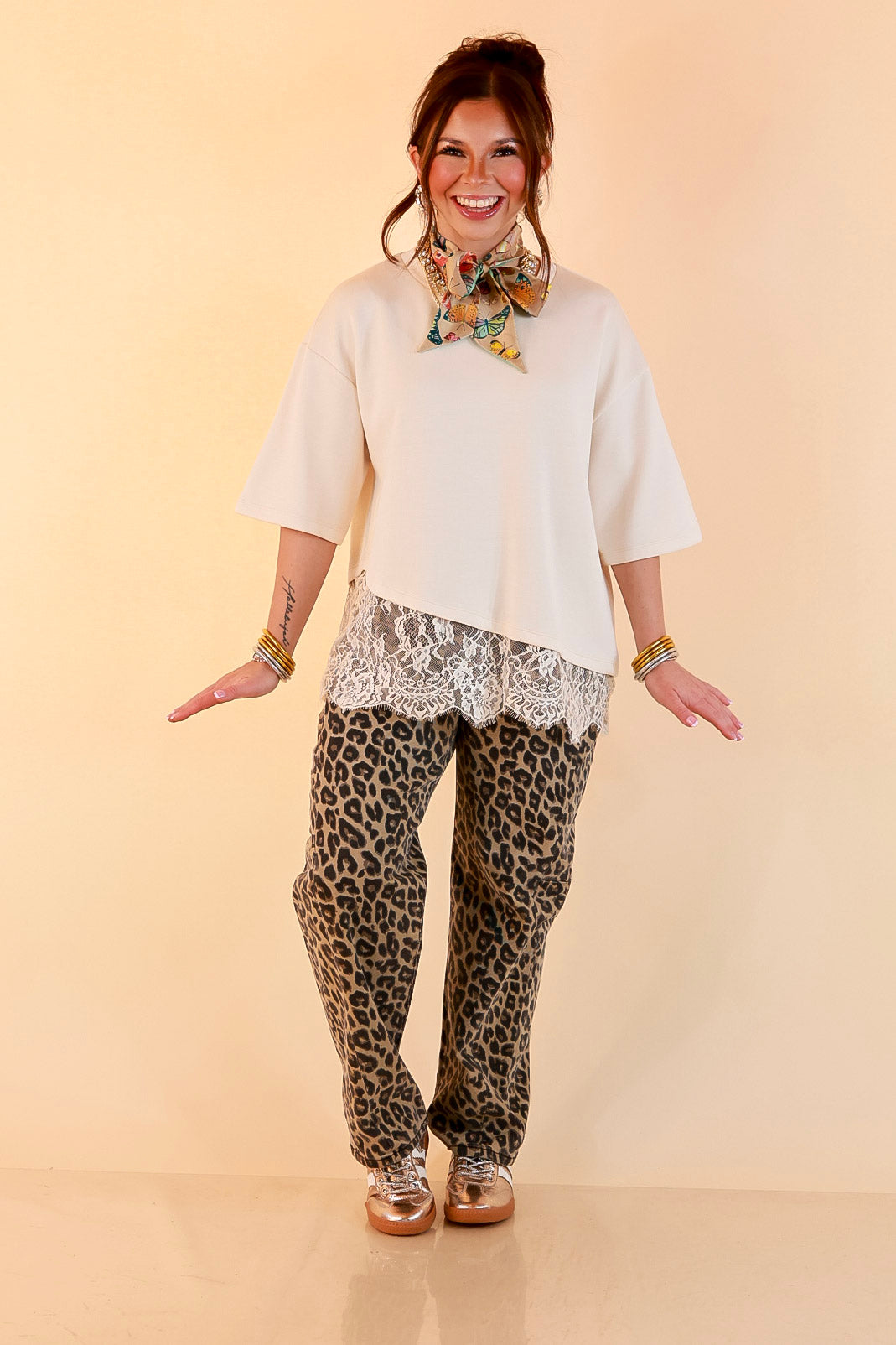 Laced with Charm Oversized Asymmetrical Lace Trim Boxy Top in Ivory