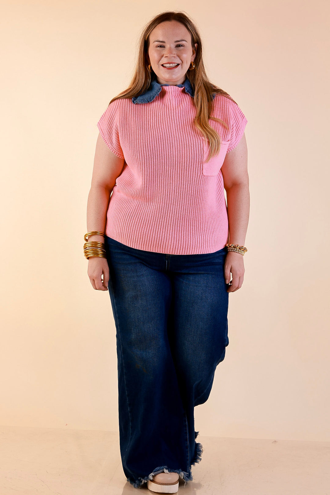 Repeat Ready Cap Sleeve Sweater with Front Pocket in Pink