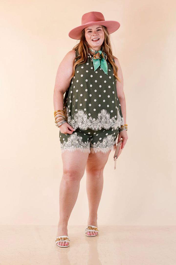 Pretty Little Something Polka Dot Drawstring Shorts with Lace Trim in Olive Green