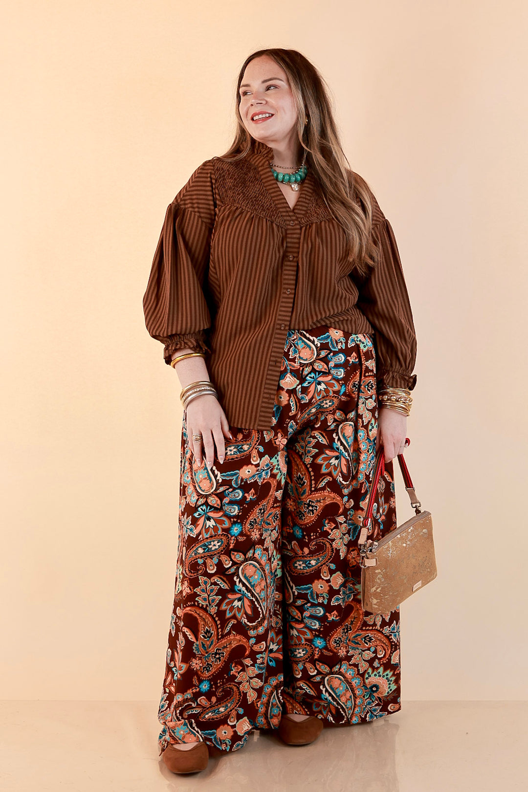 A Fine Line Smocked Ruffle Neck Long Sleeve Striped Button Front Blouse in Chocolate Brown