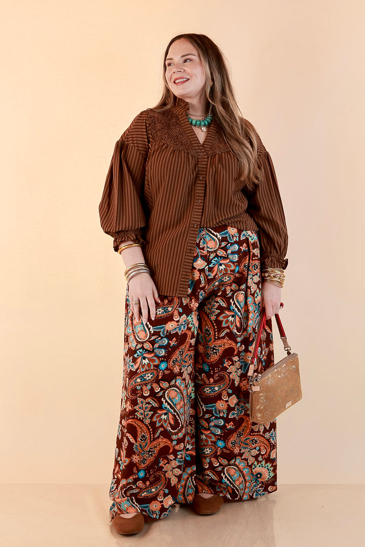 A Fine Line Smocked Ruffle Neck Long Sleeve Striped Button Front Blouse in Chocolate Brown