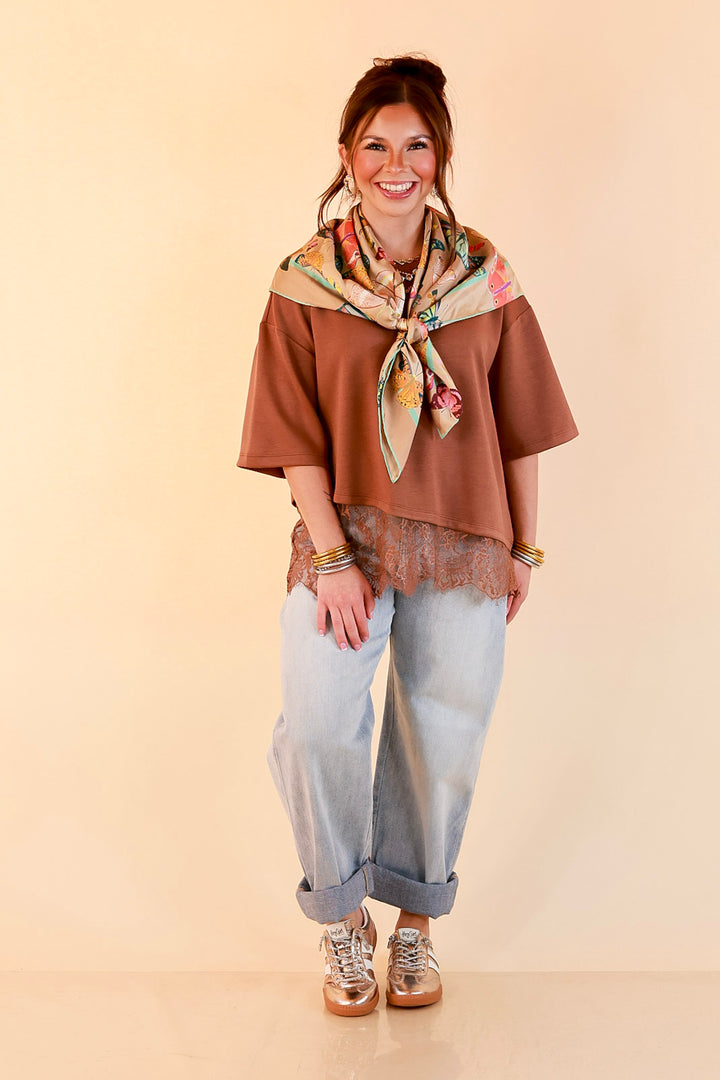 Laced with Charm Oversized Asymmetrical Lace Trim Boxy Top in Coco Brown