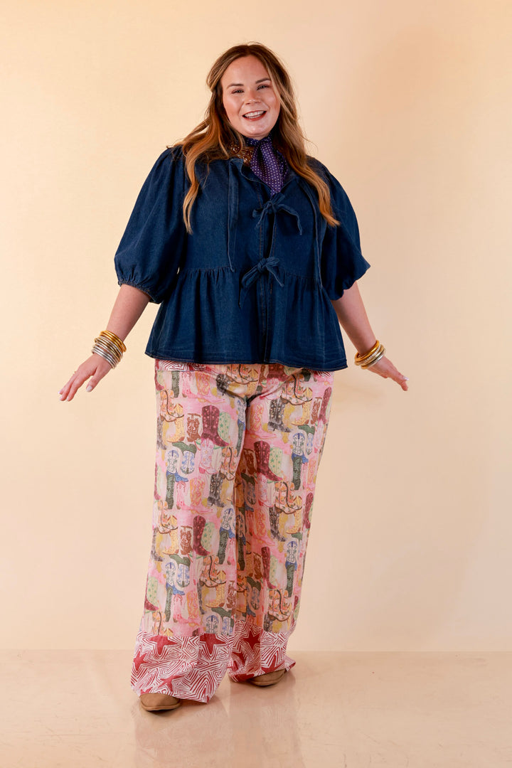 Pairs Well with Others Boots and Stars Mixed Print Drawstring Pants with Elastic Waistband in Red Mix
