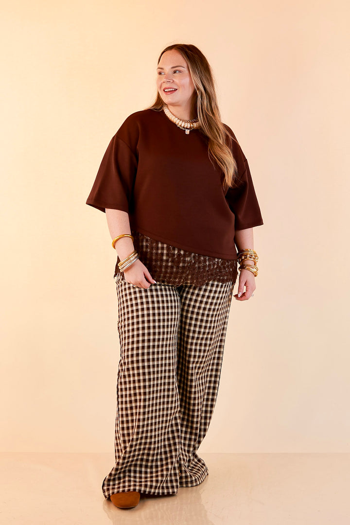 Laced with Charm Oversized Asymmetrical Lace Trim Boxy Top in Chocolate Brown