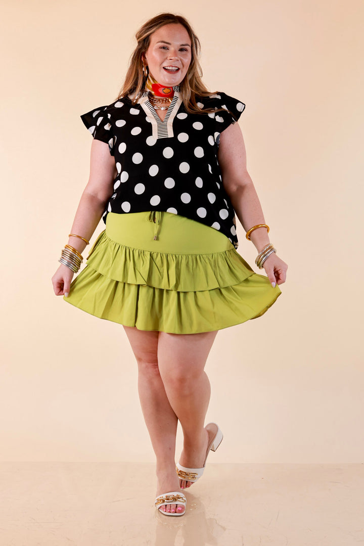 In Good Company Large Polka Dot Blouse with Ruffle Sleeves and Contrast Trim and Collar in Black with Cream Dots
