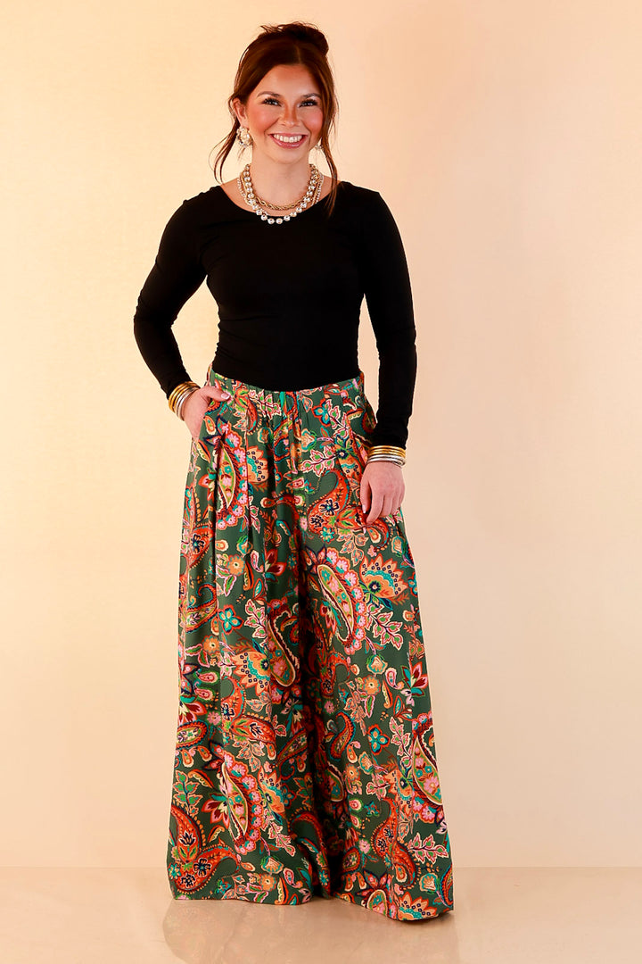 Free to Be Paisley Print Wide Leg Elastic Waist Pants in Olive Green
