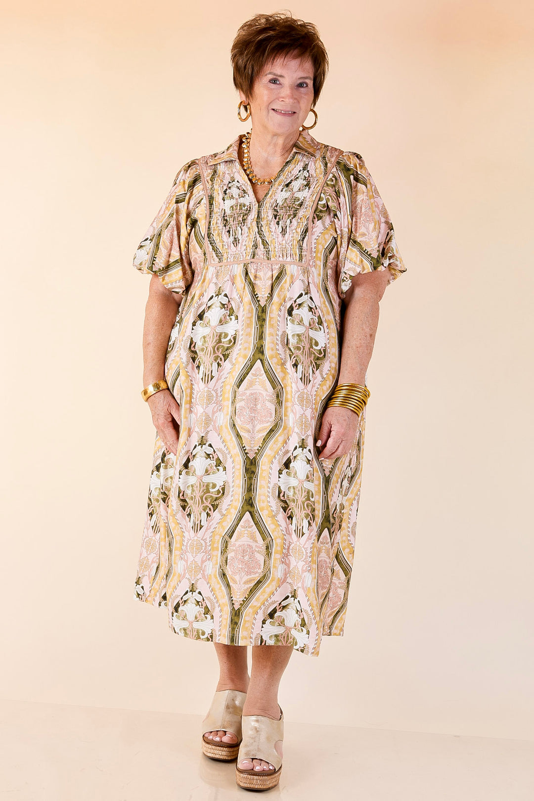 Whimsical Wonder Floral Abstract Print Collared Midi Dress in Pink and Olive Green Mix