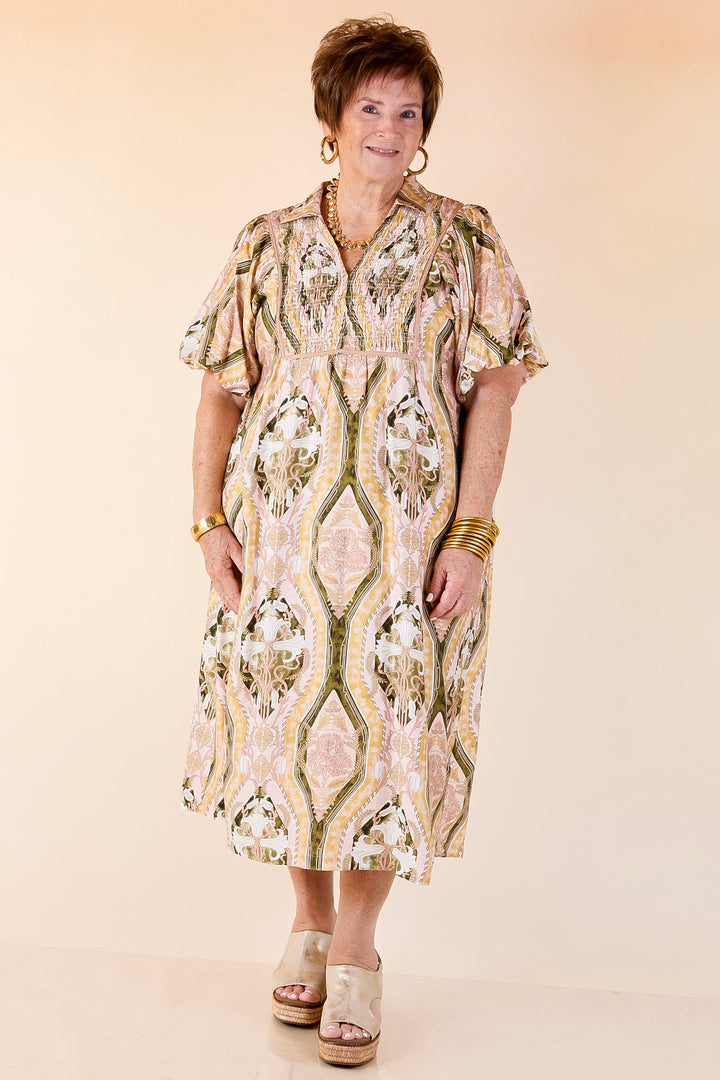 Whimsical Wonder Floral Abstract Print Collared Midi Dress in Pink and Olive Green Mix