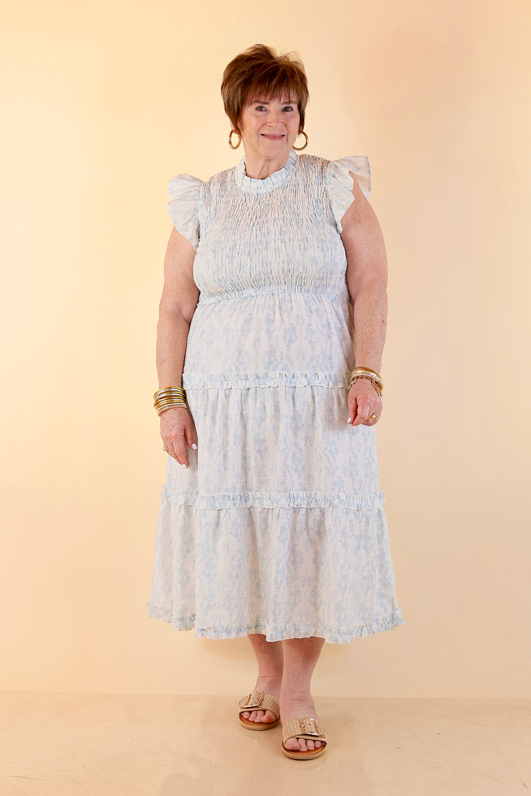 Mud Pie | Graceful Charm Smocked Toile Print Tiered Midi Dress with Ruffle Sleeves in Blue and White