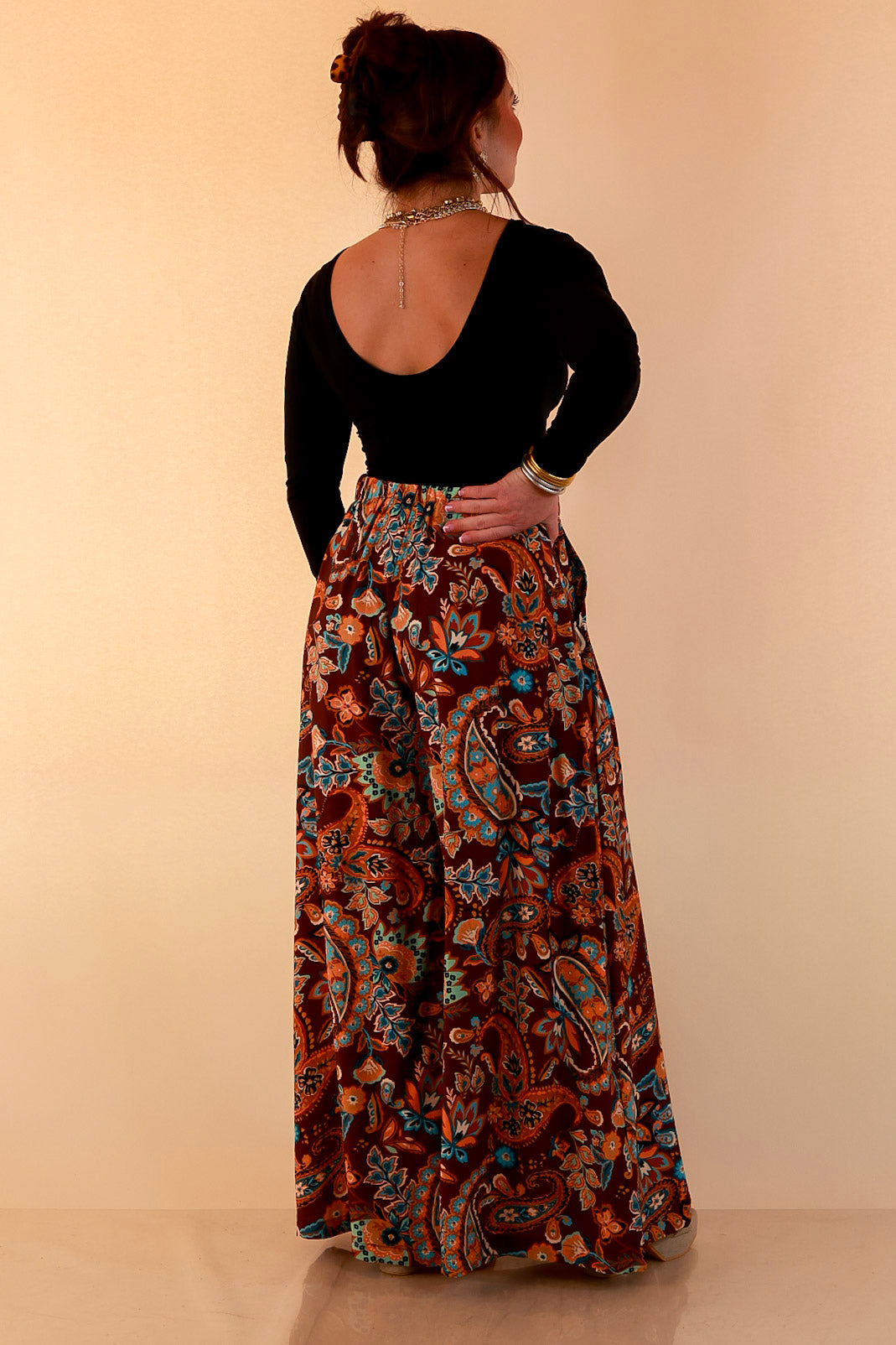 Free to Be Paisley Print Wide Leg Elastic Waist Pants in Chocolate Brown