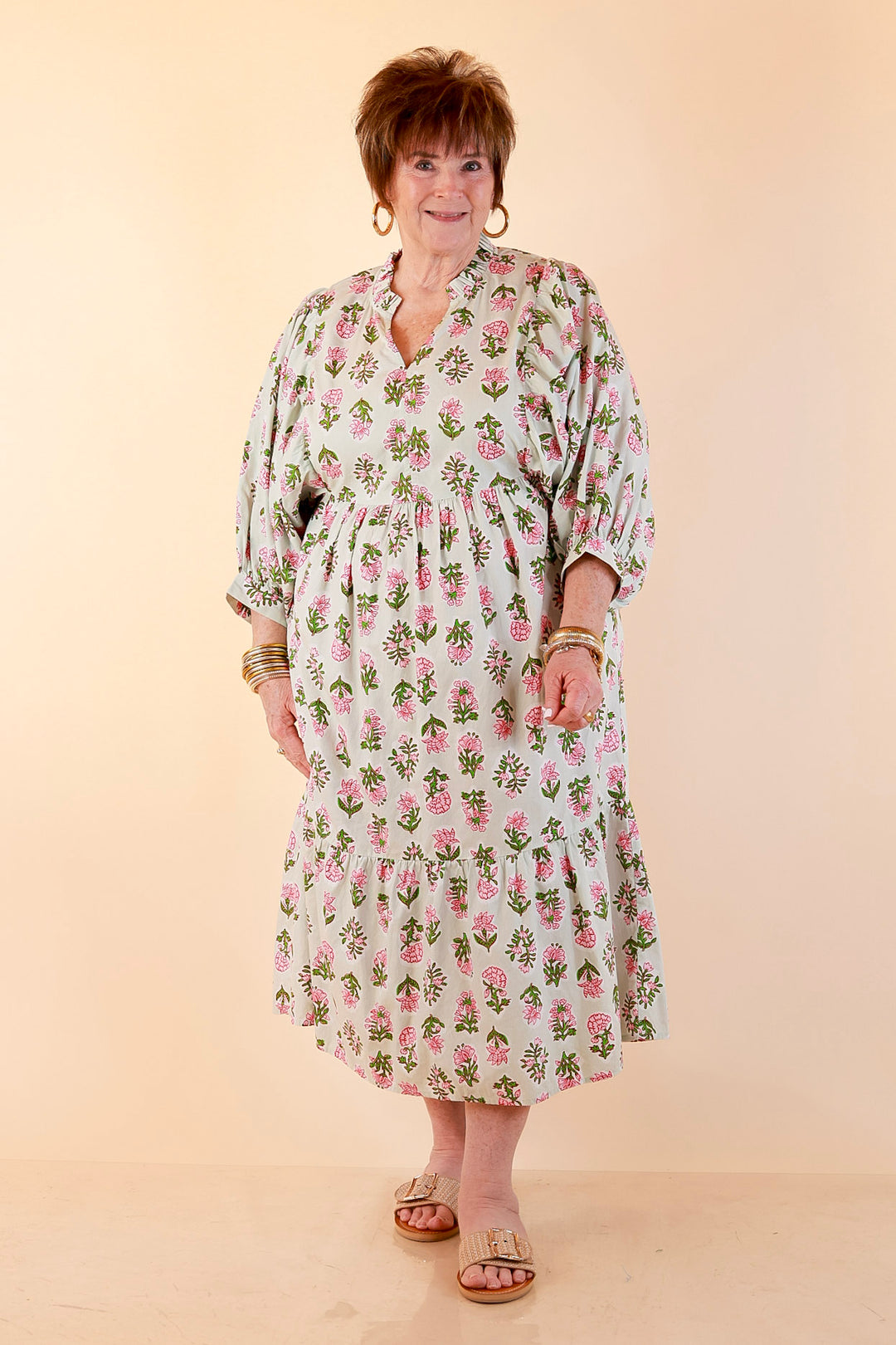 Mud Pie | Lovely Impression Cotton Poplin Floral Midi Dress with Ruffle Collar and Puff Sleeves in Sage Multi