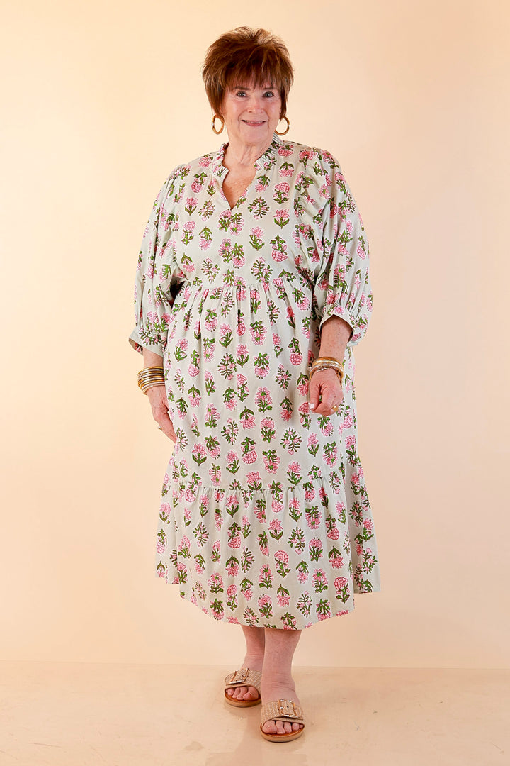 Mud Pie | Lovely Impression Cotton Poplin Floral Midi Dress with Ruffle Collar and Puff Sleeves in Sage Multi