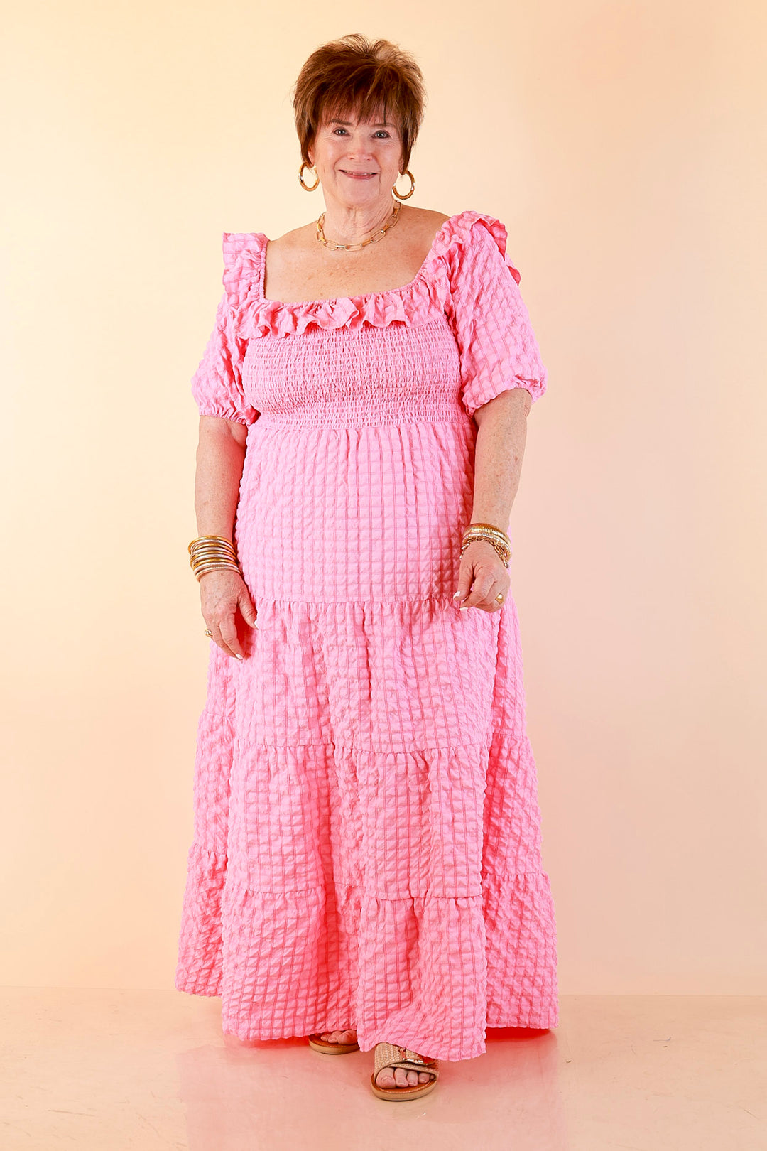 Simply Southern | Radiant Moment Textured Smocked Bodice Tiered Maxi Dress with Puff Sleeves in Pink