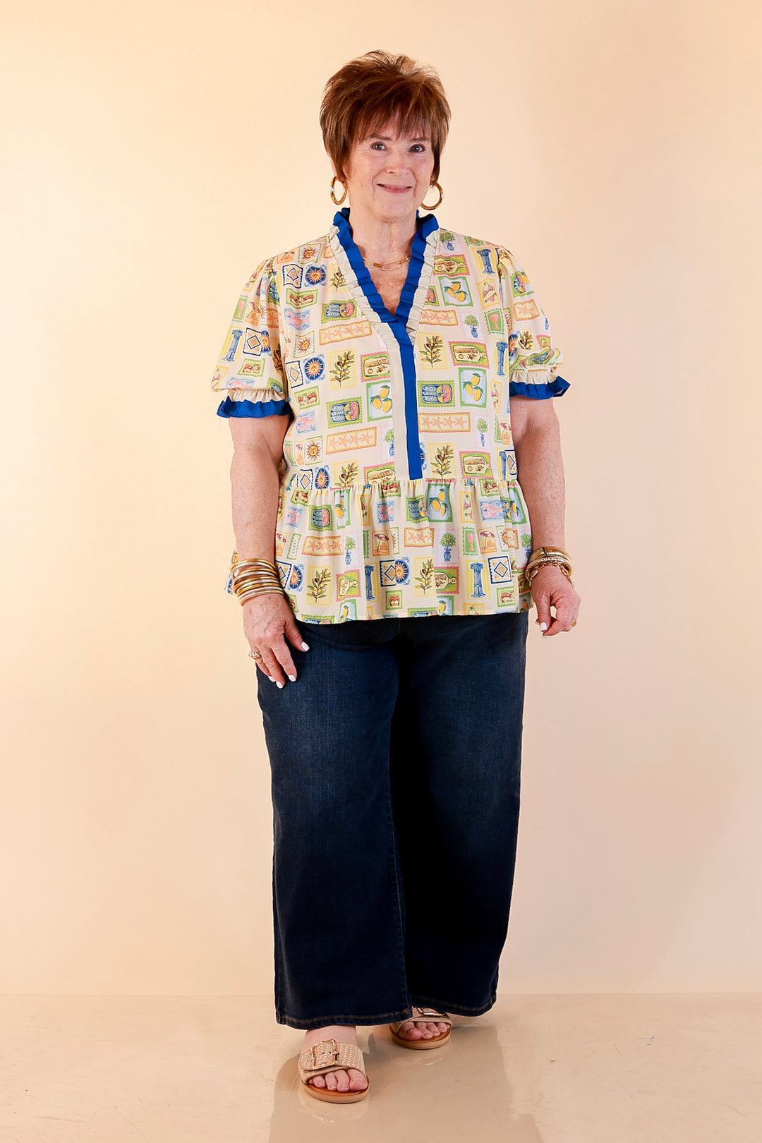 Simply Southern | Sunny Side Style Mediterranean Tile Print Peplum Top with Ruffle Trim in Cream Multi