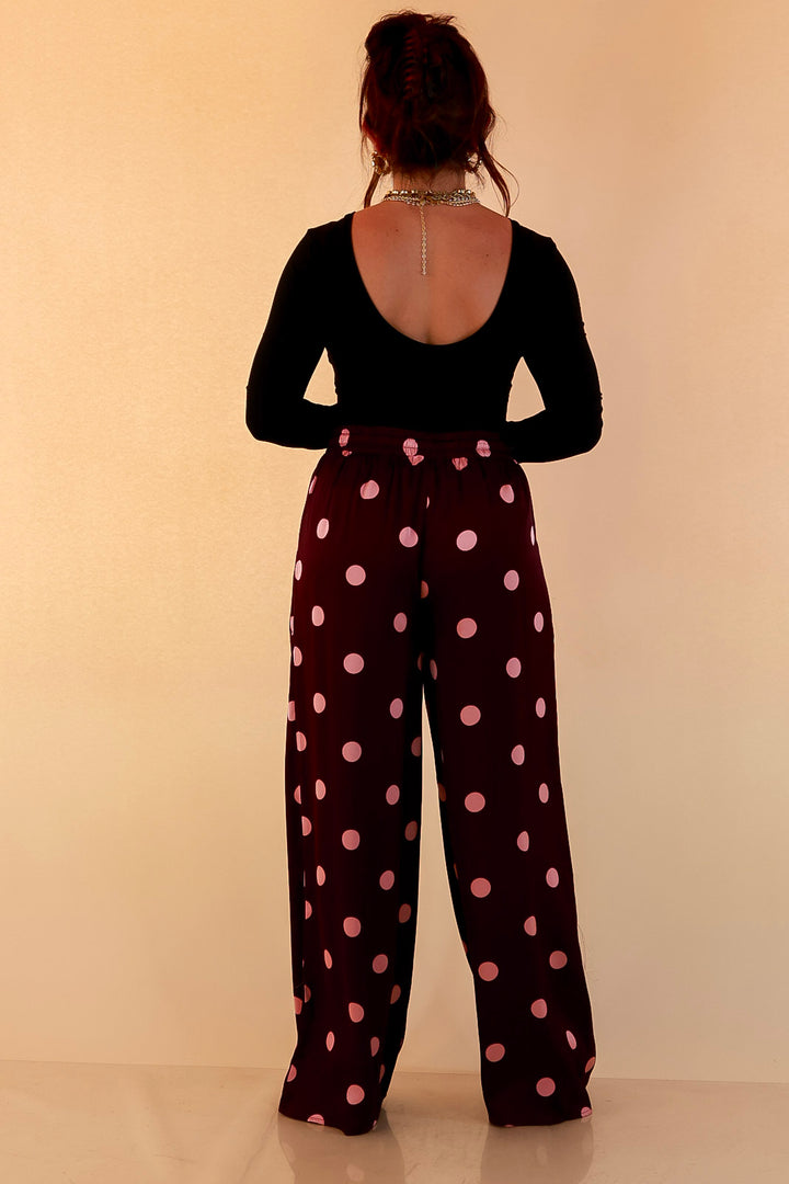 Two of a Kind Full Length Wide Leg Pull-On Drawstring Blush Pink Polka Dot Pants in Maroon