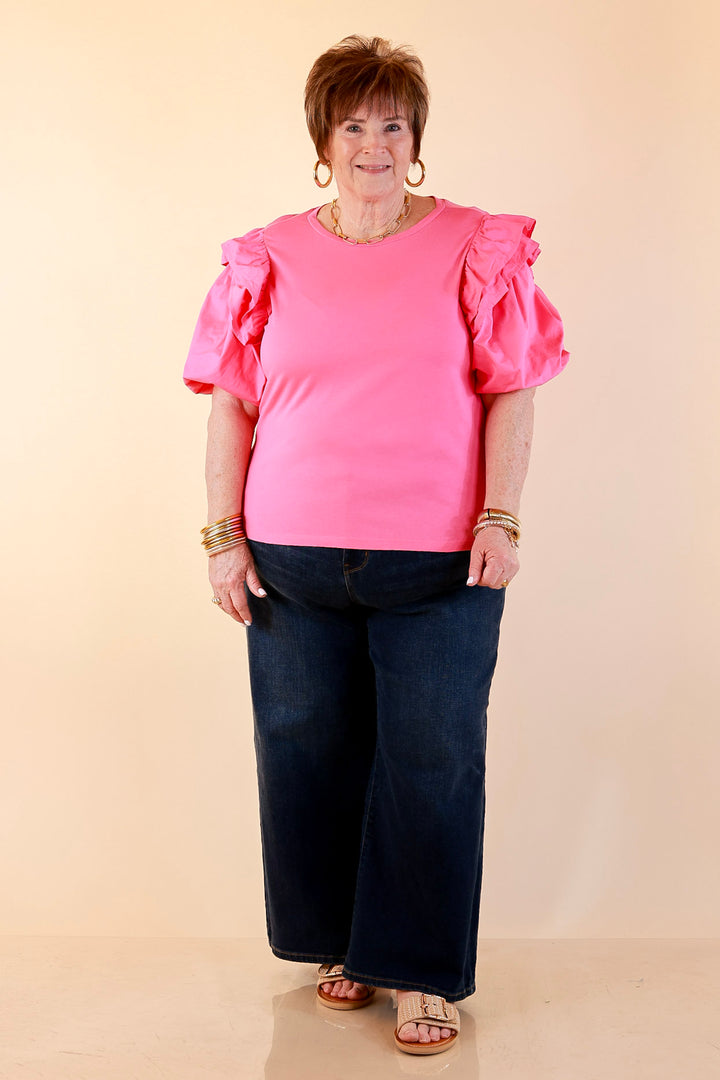 Mud Pie | Standout Style Ruffle Puff Sleeve Knit Top in Hot Pink