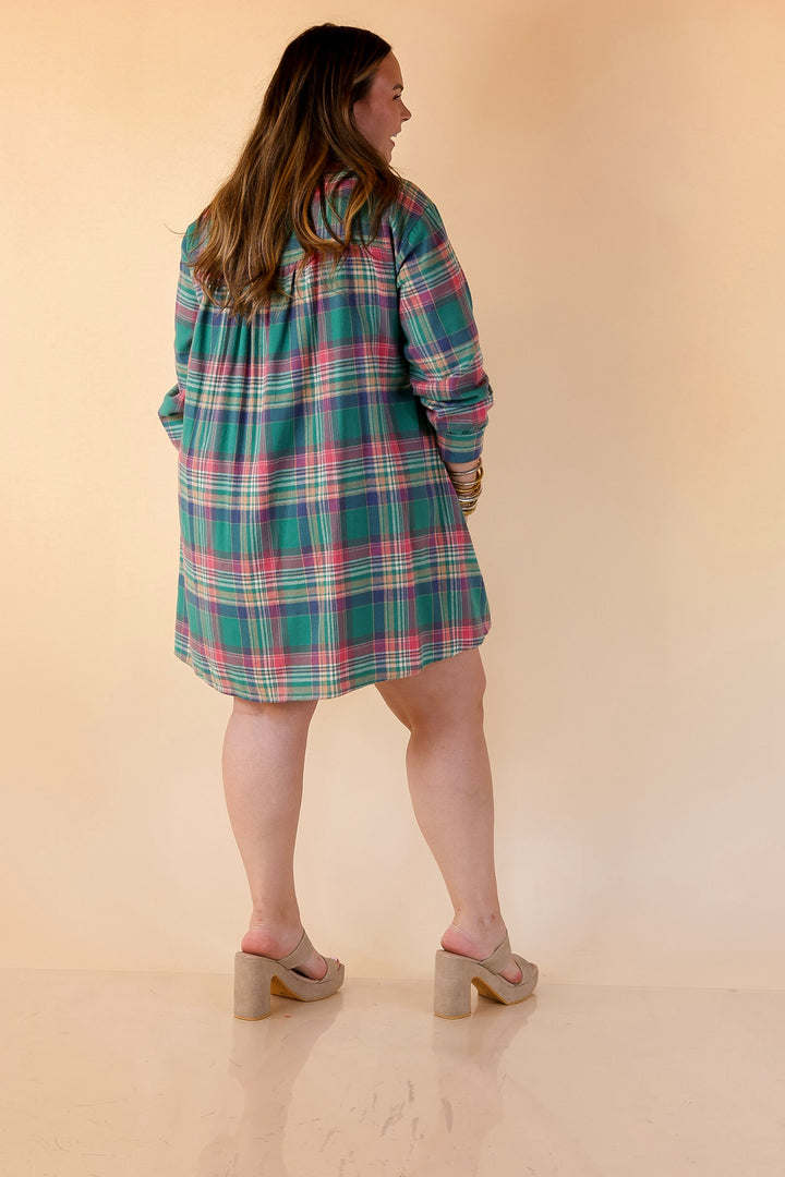 Vibrant Lifestyle Plaid Button Up Dress in Teal and Pink