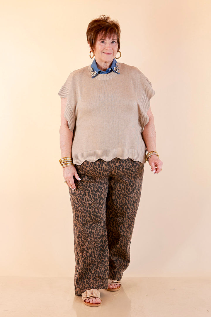 Mud Pie | Sweet Simplicity Scalloped Edge Side Tie Knit One Sized Poncho Sweater in Tan